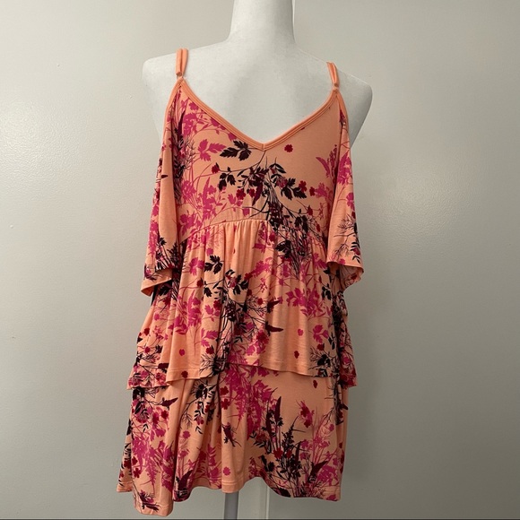 Super Soft Peach Floral Cold Shoulder Babydoll Top - Picture 5 of 7